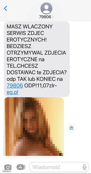 Przykładowa wiadomość MMS z informacją o włączeniu usługi serwisu zdjęć erotycznych