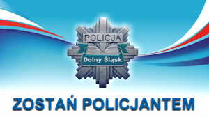 Policyjna odznaka z napisem Dolny Śląsk. Pod spodem napis &quot;Zostań Policjantem&quot;