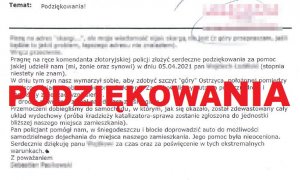 „Pan policjant pomógł nam w śniegodeszczu i błocie... Serdecznie dziękuję za czas oraz za poświęcenie w tych ekstremalnych warunkach”