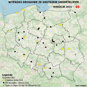 Policyjna mapa wypadków drogowych ze skutkiem śmiertelnym – Wakacje 2021