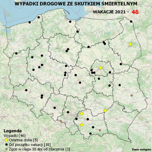 Policyjna mapa wypadków drogowych ze skutkiem śmiertelnym – Wakacje 2021