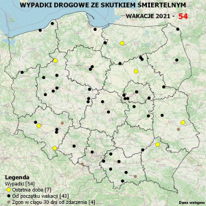 Policyjna mapa wypadków drogowych ze skutkiem śmiertelnym – Wakacje 2021