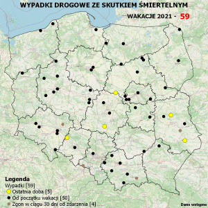 Policyjna mapa wypadków drogowych ze skutkiem śmiertelnym – Wakacje 2021