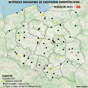 Policyjna mapa wypadków drogowych ze skutkiem śmiertelnym – Wakacje 2021