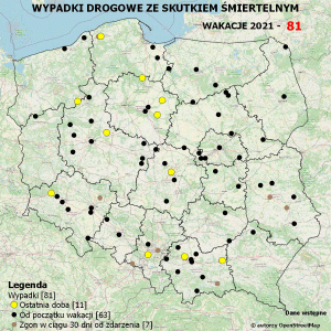 Policyjna mapa wypadków drogowych ze skutkiem śmiertelnym – Wakacje 2021