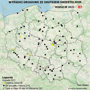 Policyjna mapa wypadków drogowych ze skutkiem śmiertelnym – Wakacje 2021