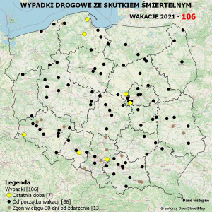 Policyjna mapa wypadków drogowych ze skutkiem śmiertelnym – Wakacje 2021