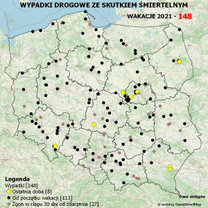 Policyjna mapa wypadków drogowych ze skutkiem śmiertelnym – Wakacje 2021