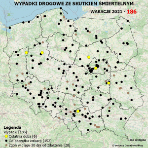 Policyjna mapa wypadków drogowych ze skutkiem śmiertelnym – Wakacje 2021